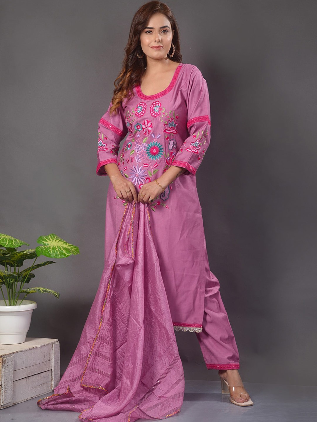 

Clora Creation Floral Embroidered Kurta & Palazzos With Dupatta, Pink