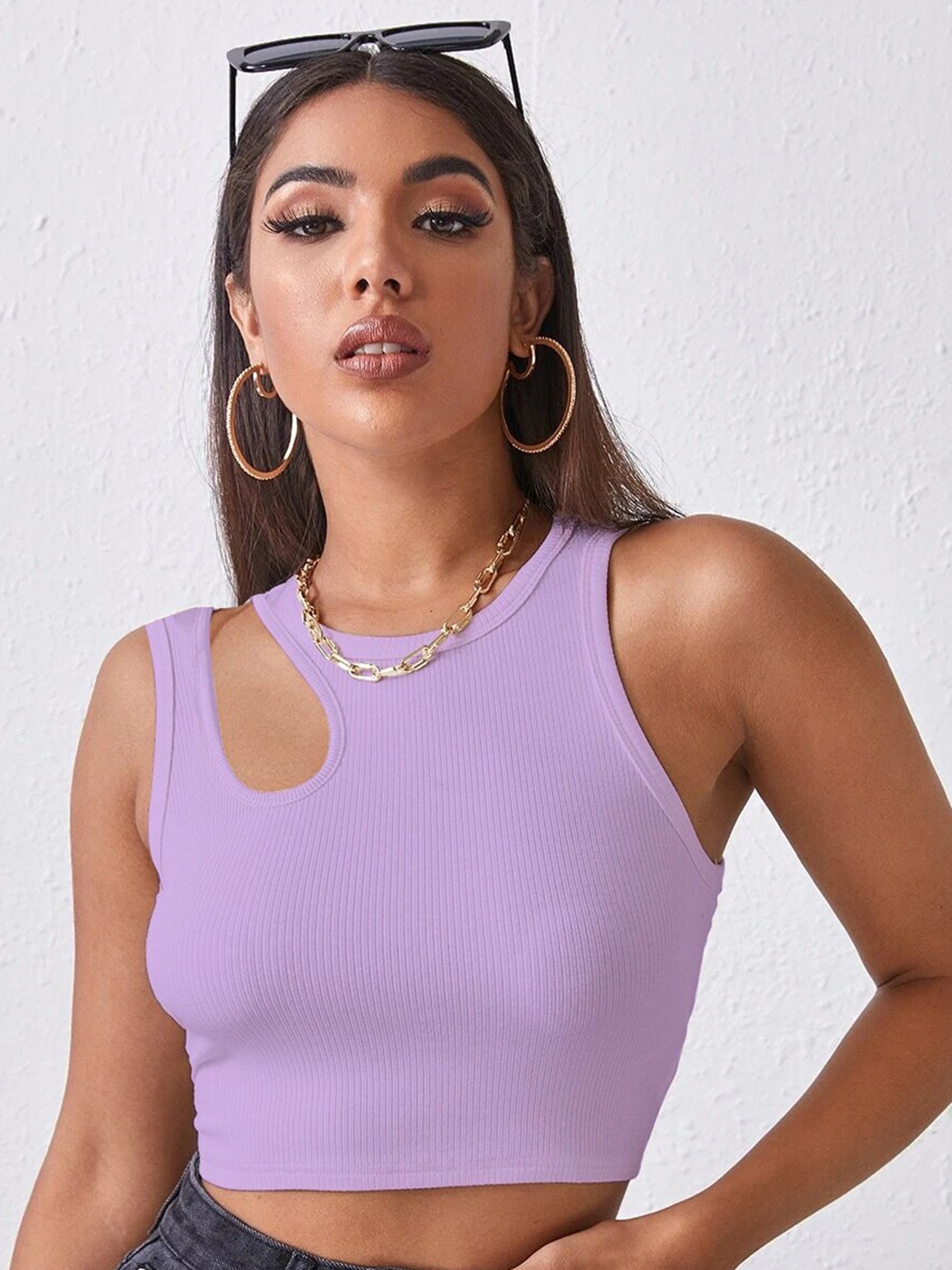 

BAESD Ribbed Cut Outs Cotton Fitted Crop Top, Lavender