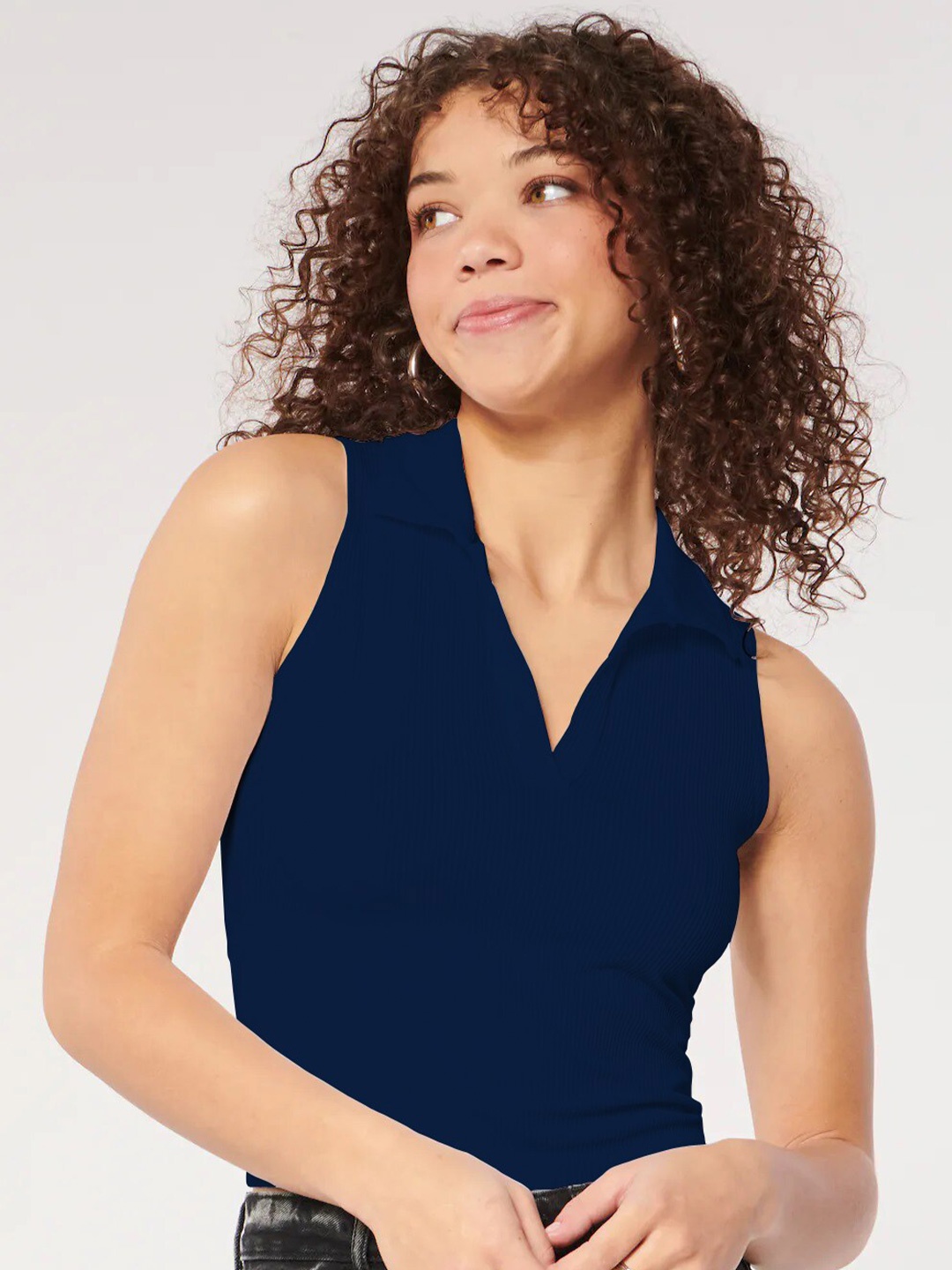 

BAESD Ribbed Shirt Collar Sleeveless Crop Fitted Top, Navy blue