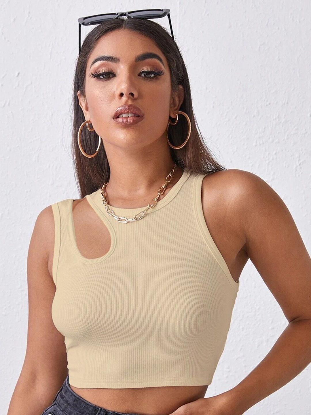 

BAESD Sleeveless Knitted Cut Out Fitted Crop Top, Nude