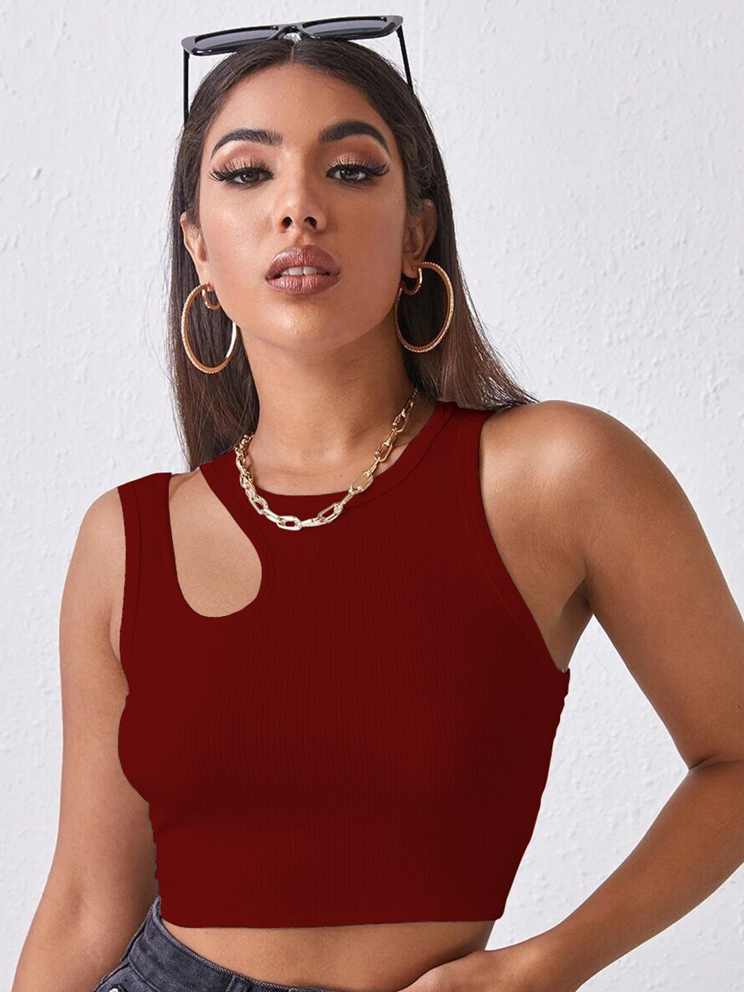

BAESD Ribbed Cut Out Fitted Crop Top, Maroon