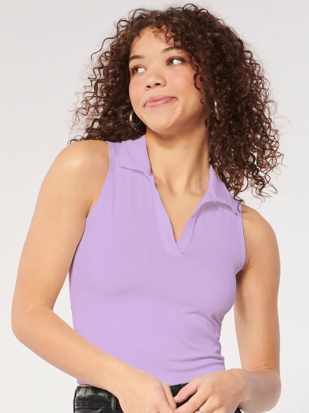 

BAESD Self Design Shirt Collar Fitted Crop Top, Lavender