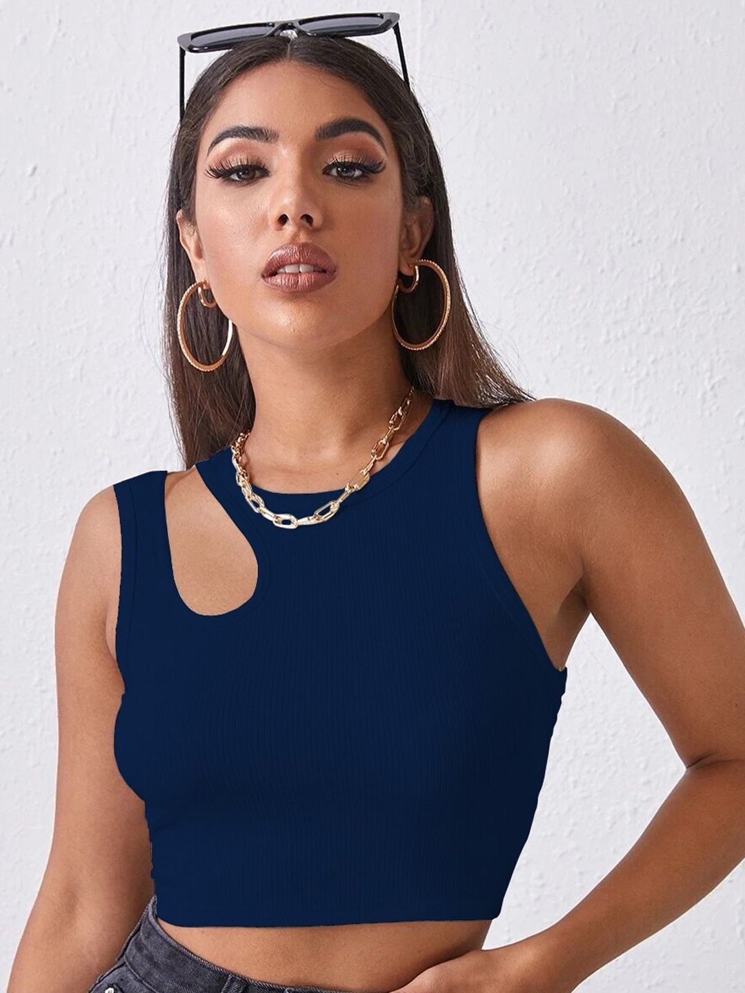 

BAESD Ribbed Sleeveless Cut Out Fitted Crop Top, Navy blue