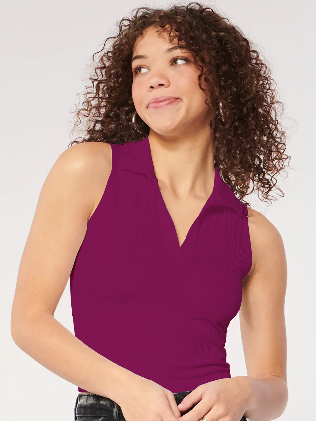 

BAESD Ribbed Shirt Collar Sleeveless Crop Fitted Top, Magenta