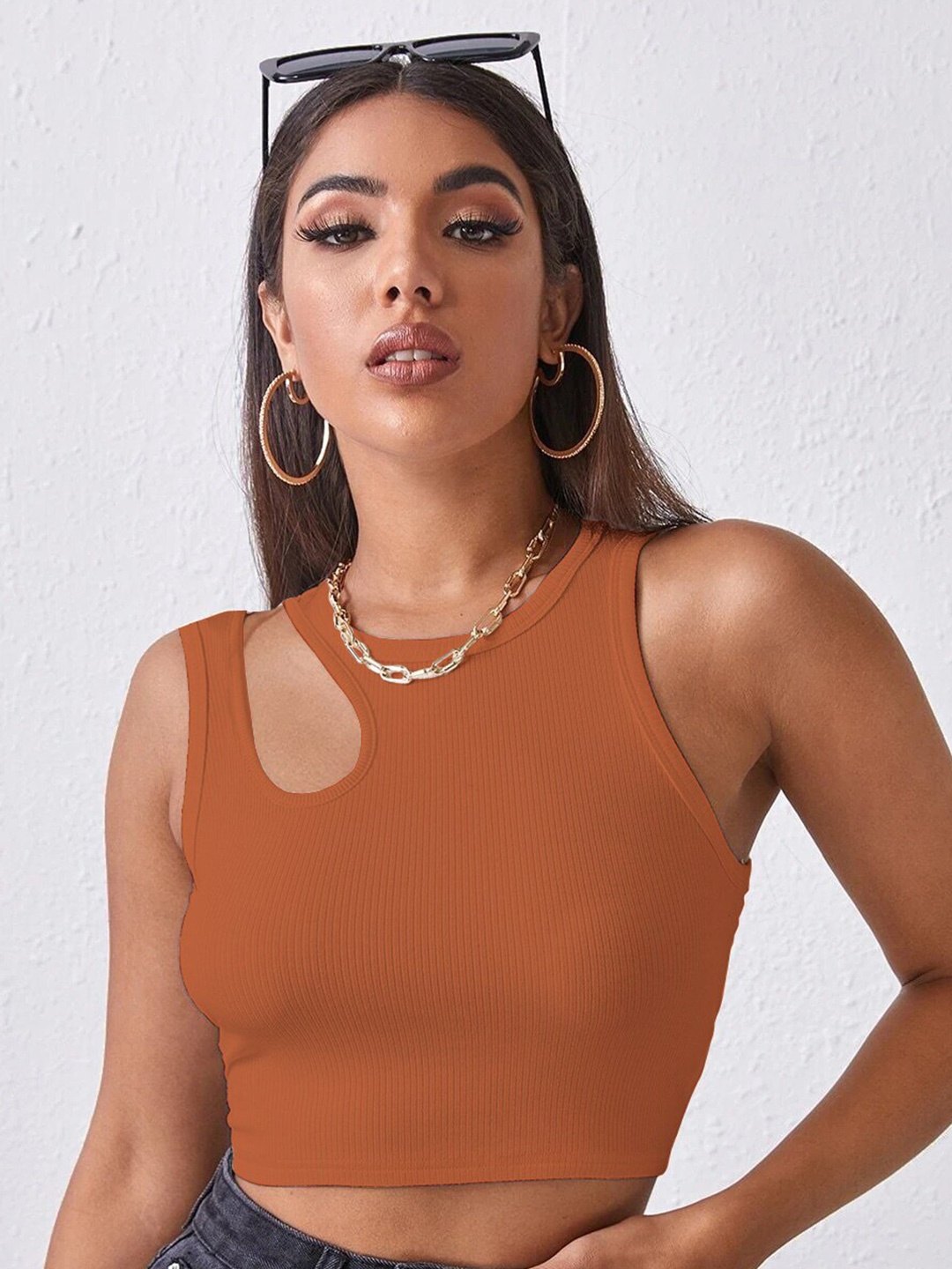 

BAESD Ribbed Sleeveless Cut Out Fitted Crop Top, Orange