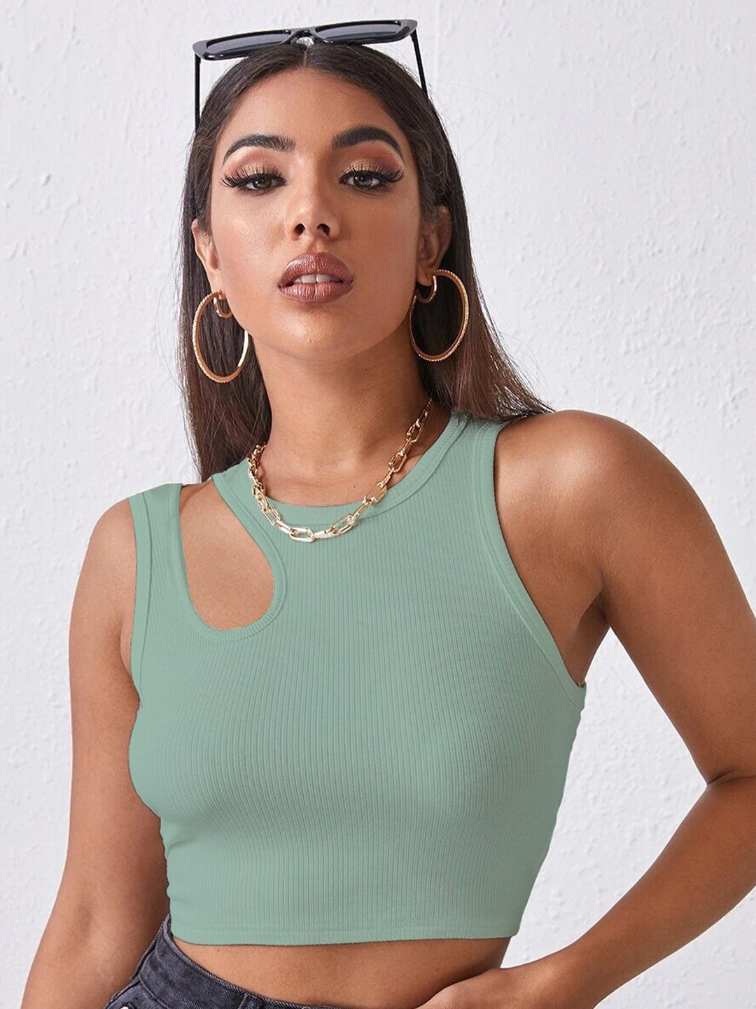 

BAESD Ribbed Cut Out Crop Fitted Top, Teal