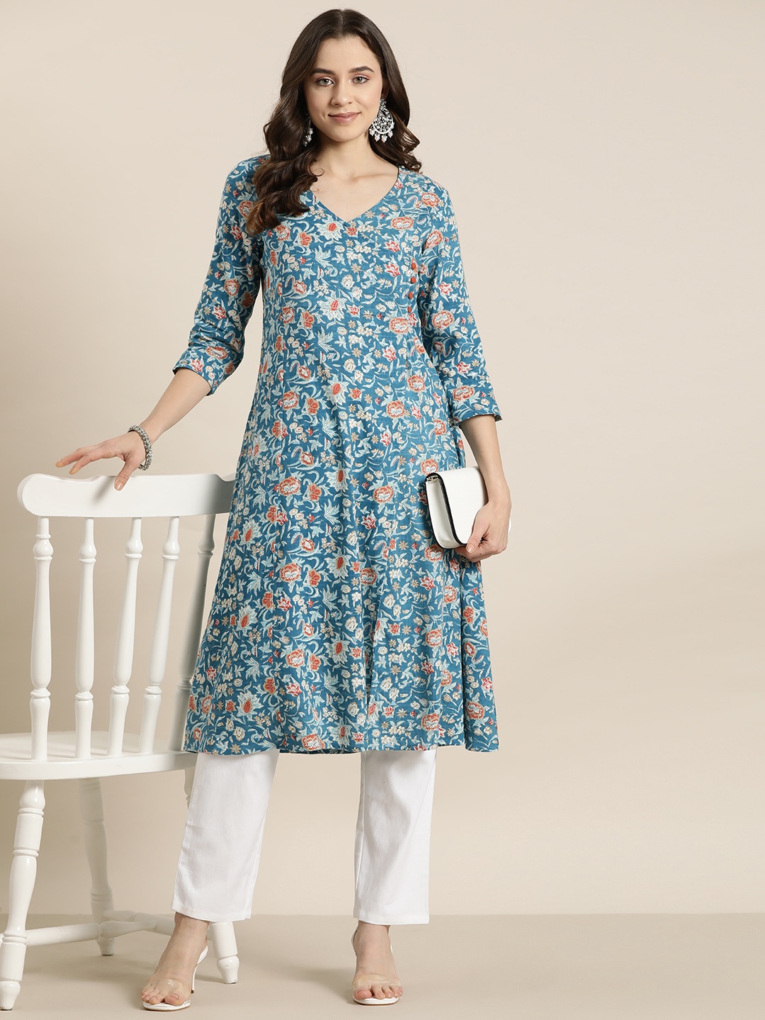 

HERE&NOW Women Floral Printed Angrakha A-Line Kurta, Green