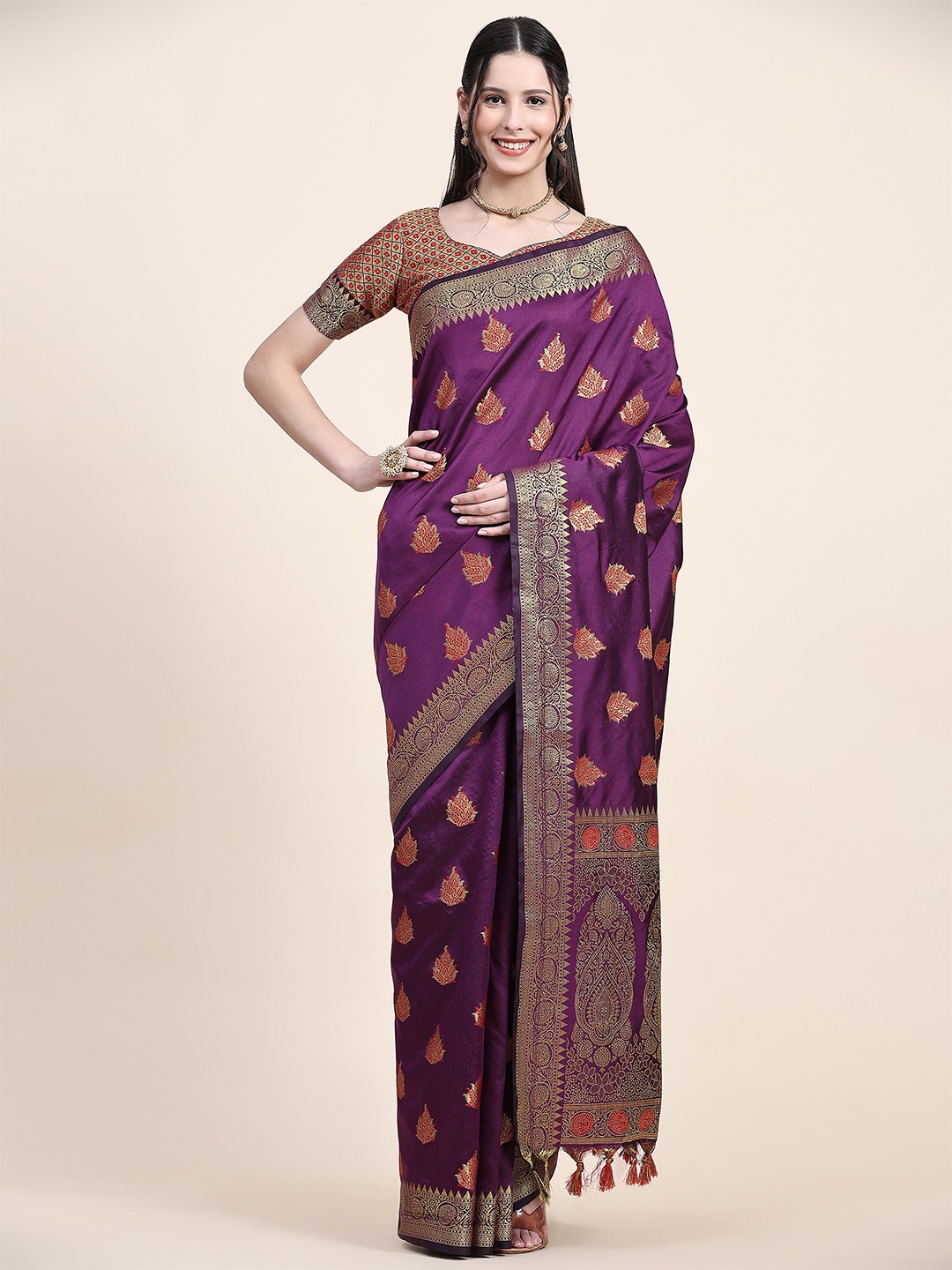 

YAVIRA SILK Floral Woven Design Zari Banarasi Saree, Purple
