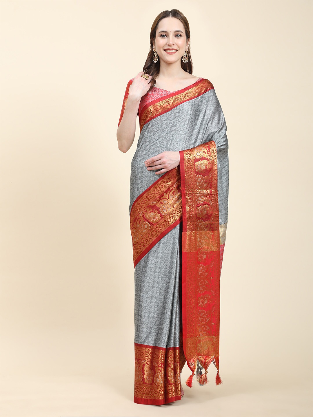 

YAVIRA SILK Ethnic Motifs Woven Design Zari Art Silk Banarasi Saree, Grey