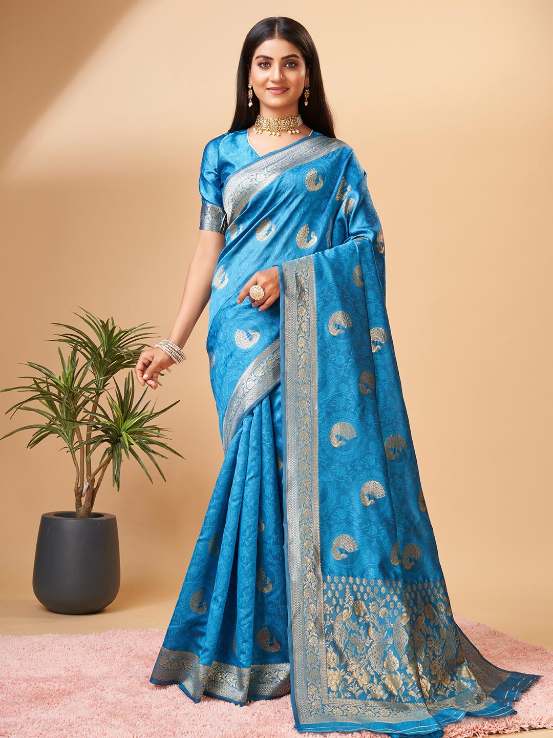 

YAVIRA SILK Ethnic Motifs Woven Design Zari Silk Blend Banarasi Saree, Sea green