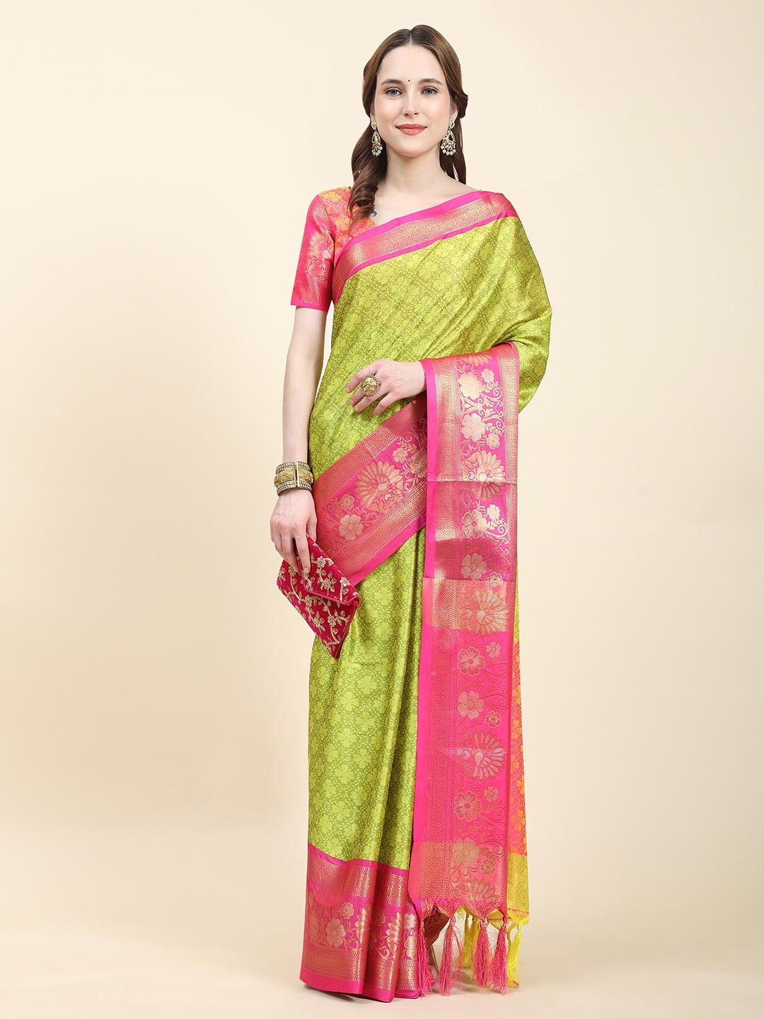 

YAVIRA SILK Ethnic Motifs Woven Design Zari Bhagalpuri Saree, Pink