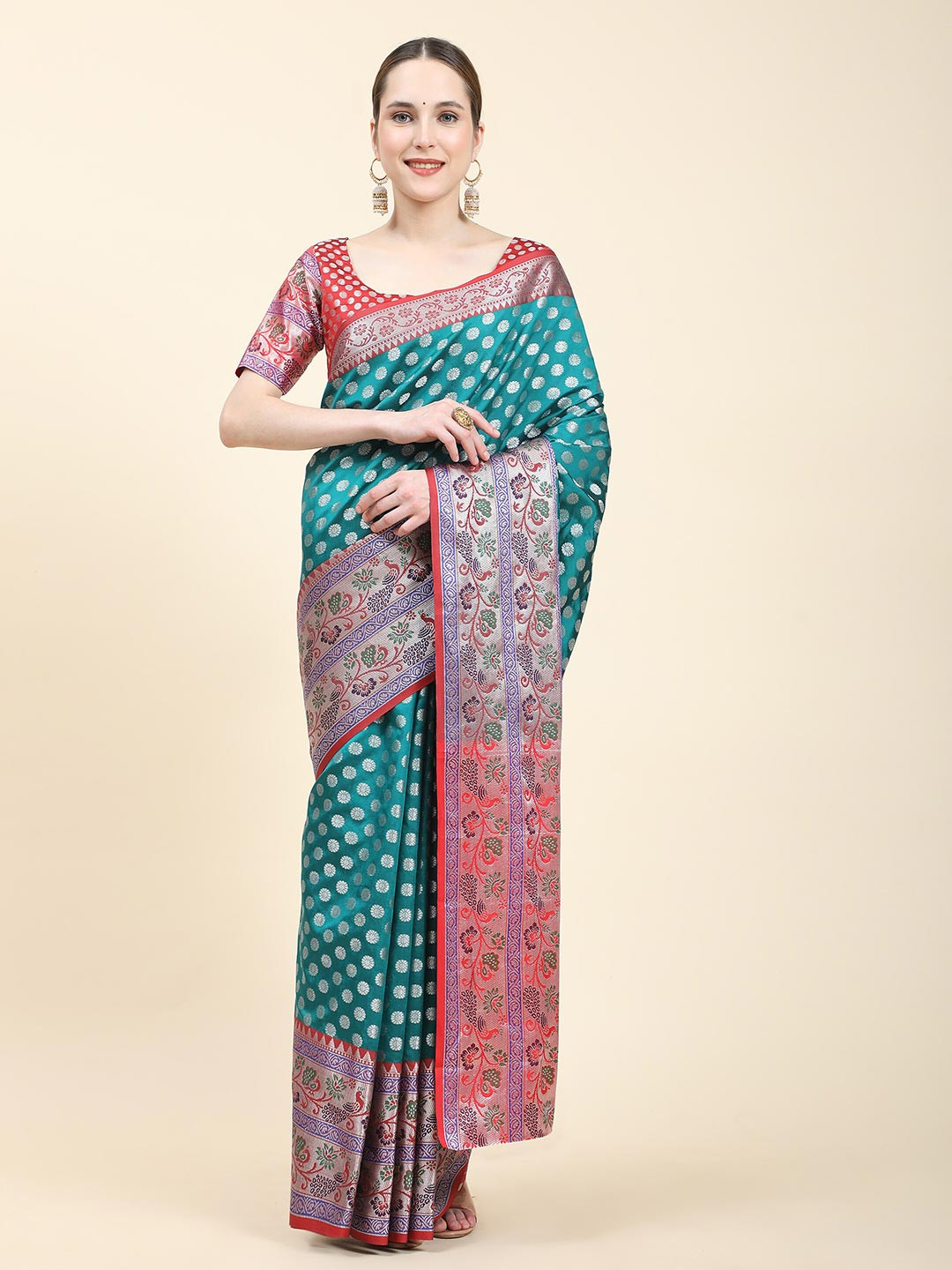 

YAVIRA SILK Ethnic Motifs Woven Design Zari Silk Blend Banarasi Saree, Turquoise blue