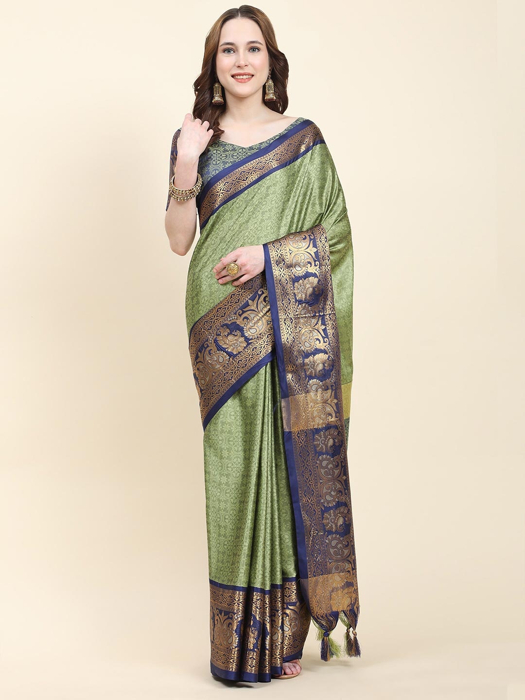 

YAVIRA SILK Ethnic Motifs Woven Design Zari Art Silk Banarasi Saree, Olive