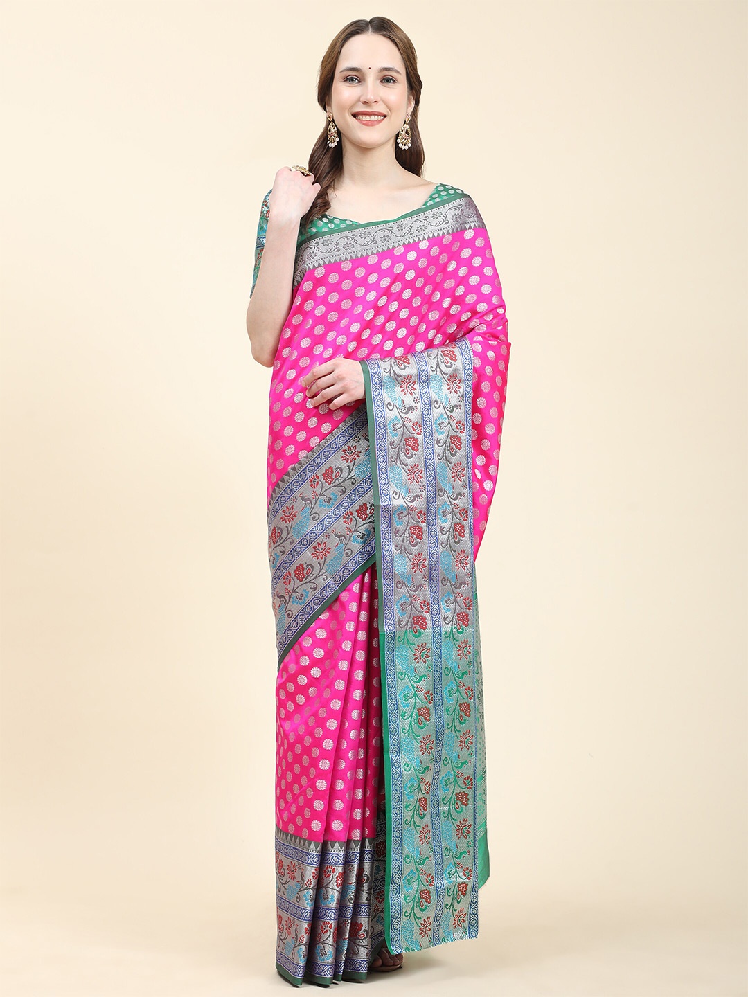 

YAVIRA SILK Ethnic Motifs Woven Design Banarasi Saree, Pink