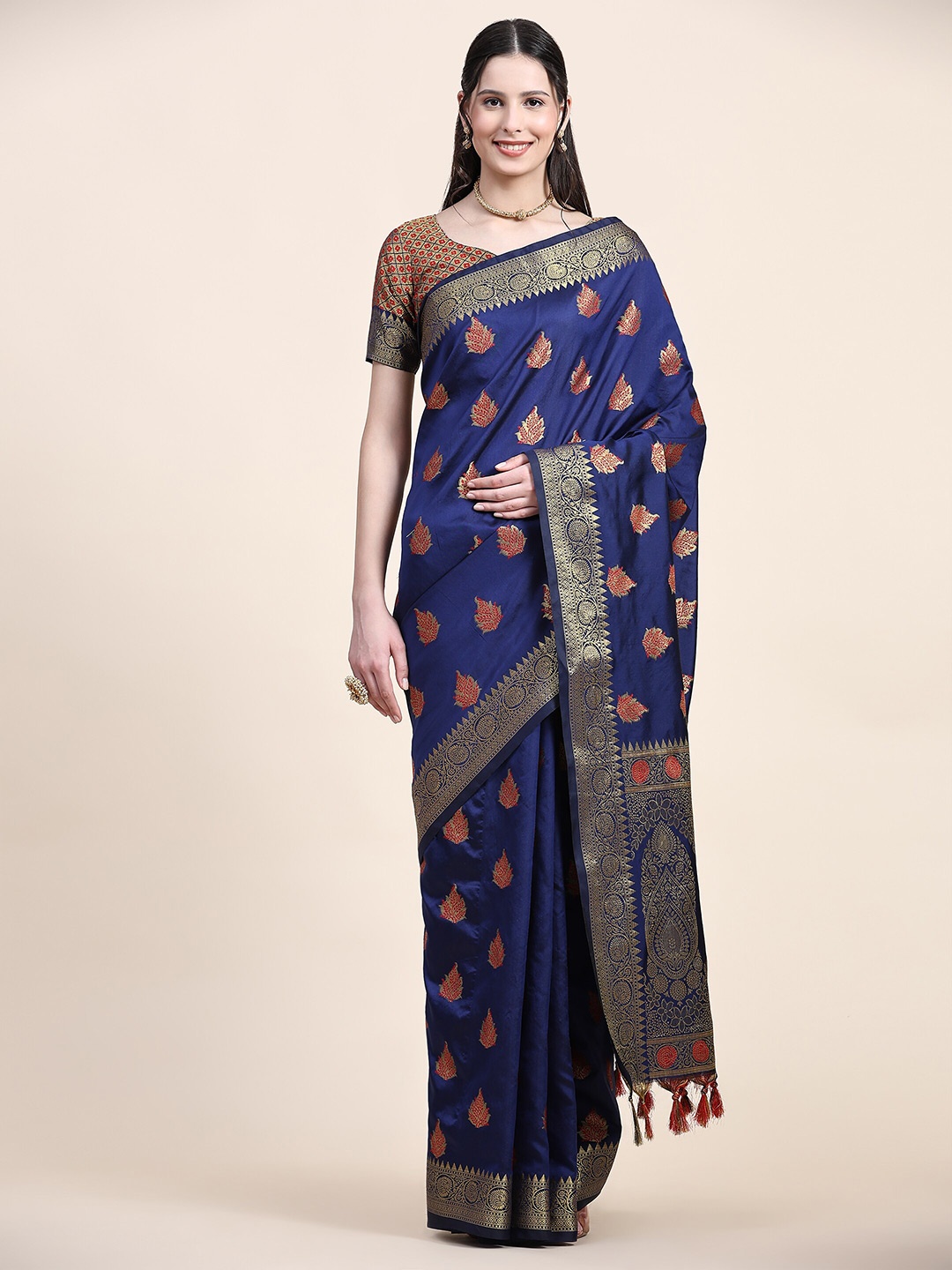 

YAVIRA SILK Ethnic Motifs Woven Design Zari Silk Blend Banarasi Saree, Navy blue