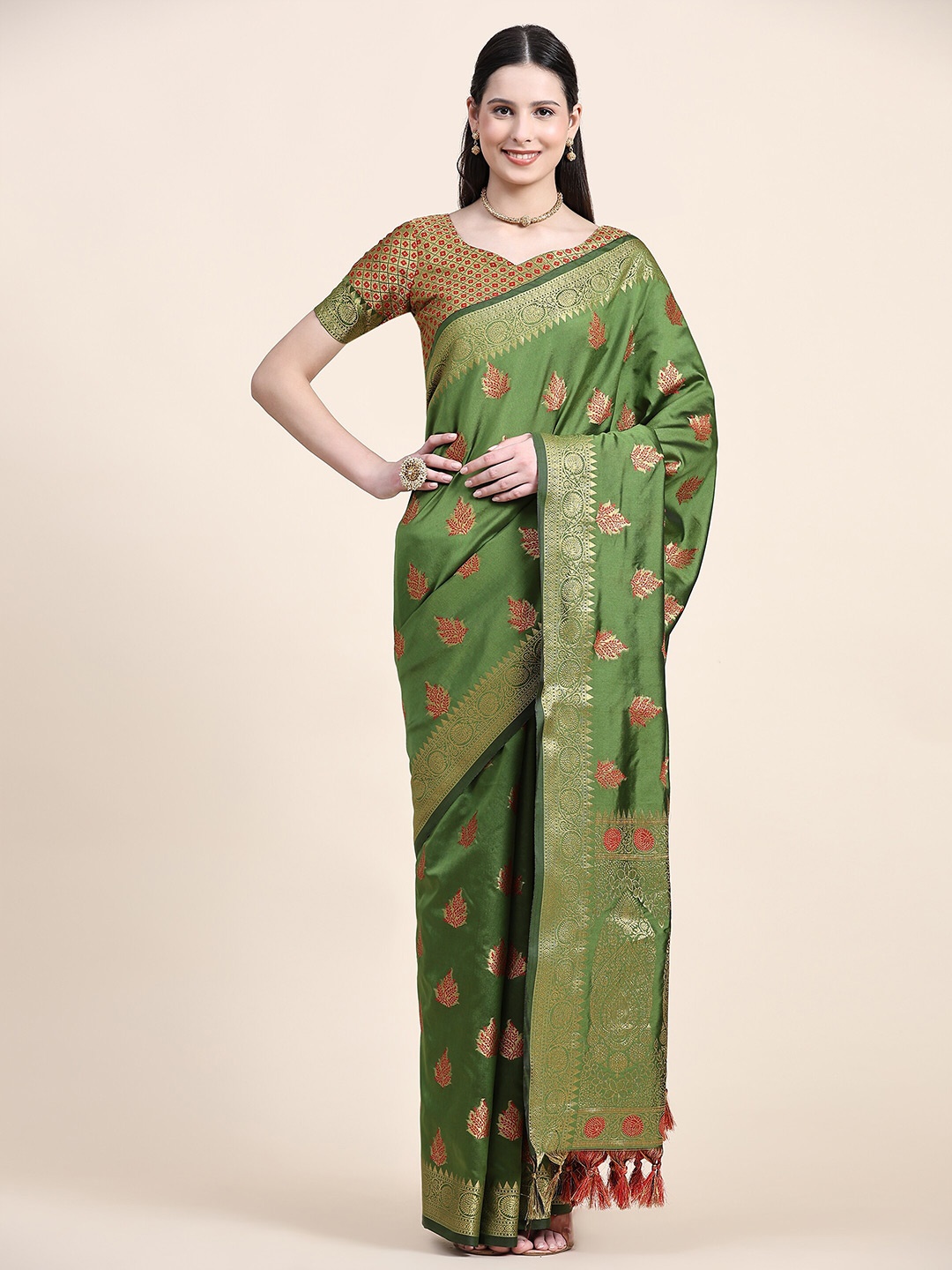 

YAVIRA SILK Ethnic Motifs Woven Design Zari Banarasi Saree, Olive