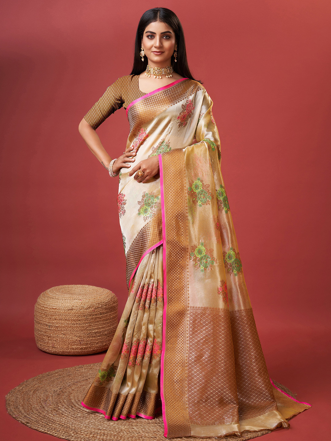 

YAVIRA SILK Ethnic Motifs Woven Design Zari Detailed Tissue Tussar Saree, Cream