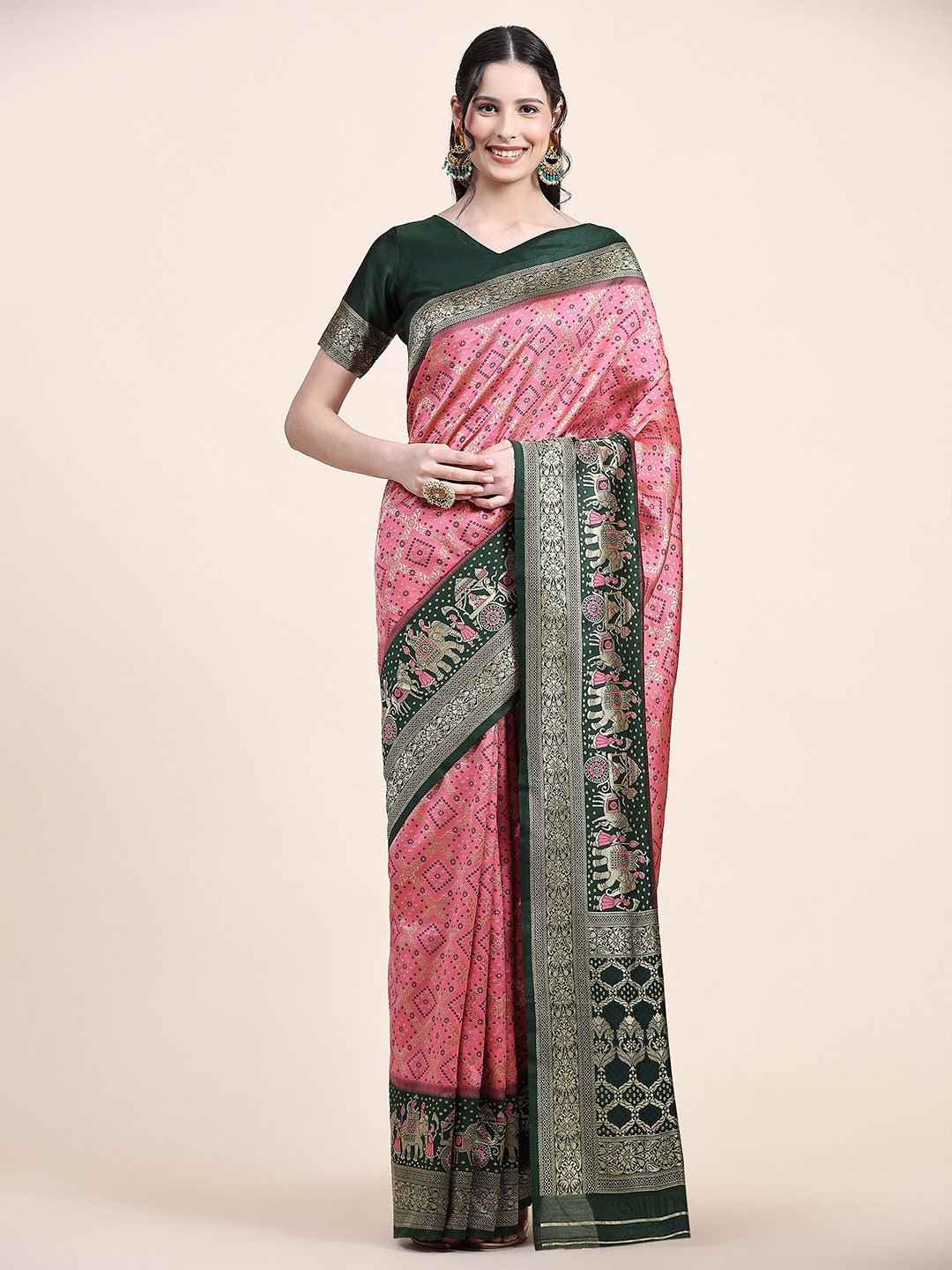 

YAVIRA SILK Ethnic Motifs Woven Design Zari Saree, Pink
