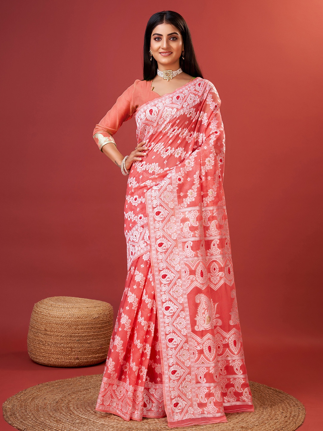 

YAVIRA SILK Ethnic Motifs Woven Design Zari Art Silk Ikat Saree, Peach