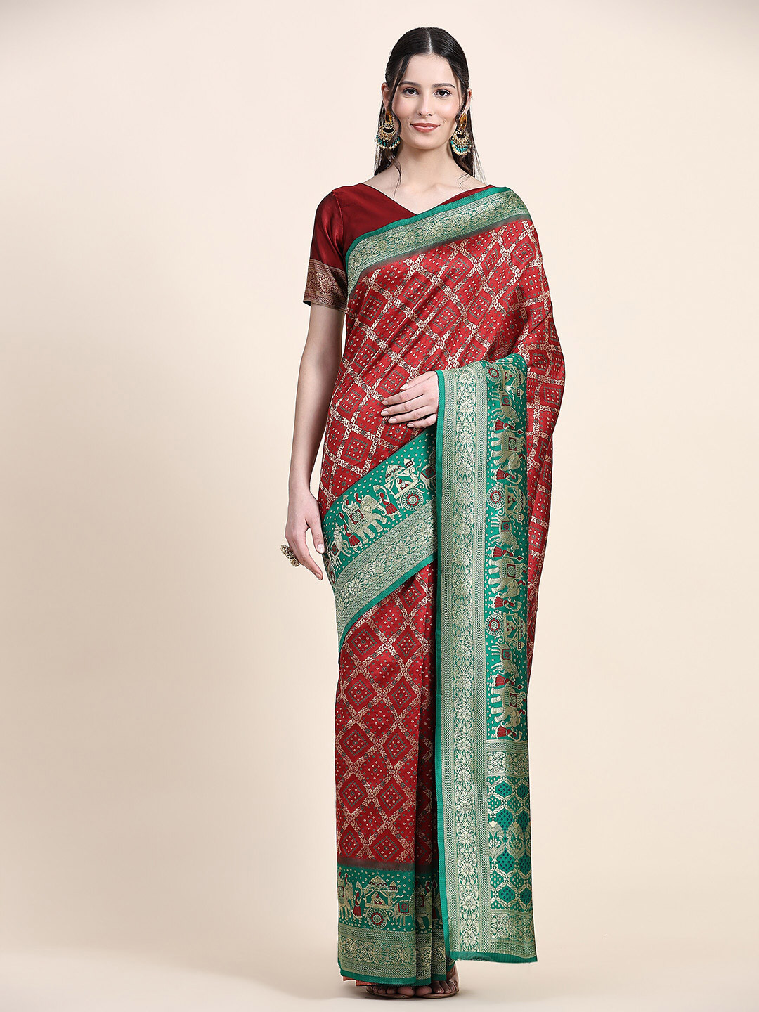 

YAVIRA SILK Ethnic Motifs Woven Design Zari Detailed Jacquard Silk Saree, Maroon