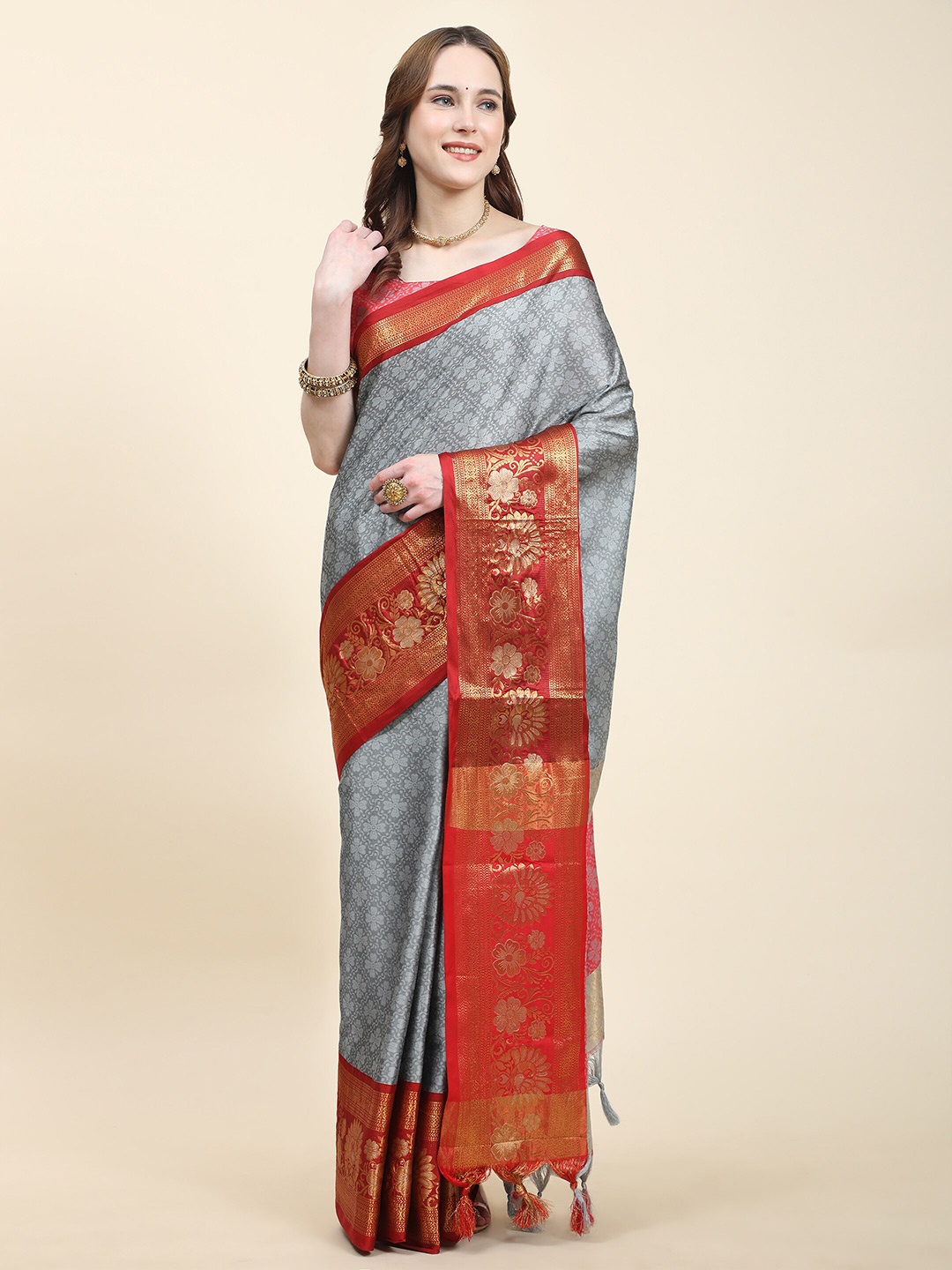 

YAVIRA SILK Floral Woven Design Zari Bhagalpuri Saree, Grey
