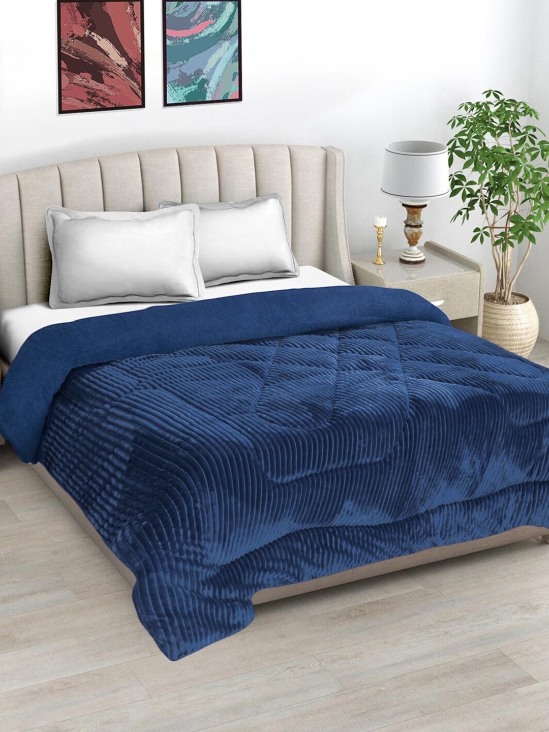 

FABINALIV Blue Striped Woollen Heavy Winter 950 GSM Double Bed Quilt