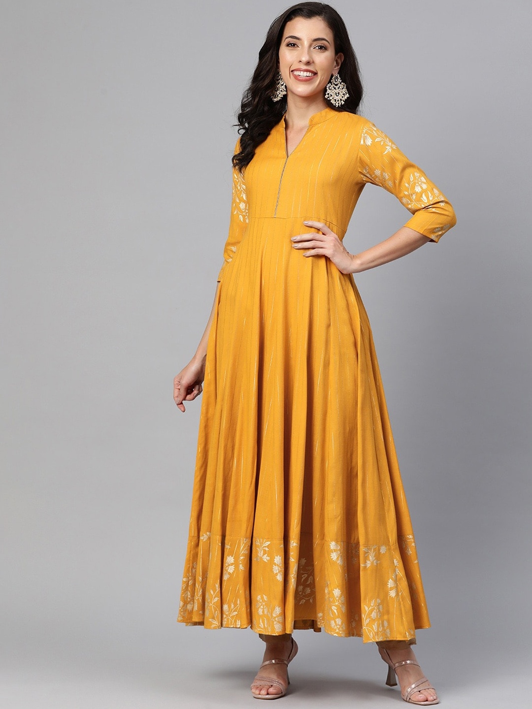 

KALINI Floral Printed Mandarin Collar Anarkali Kurta, Mustard