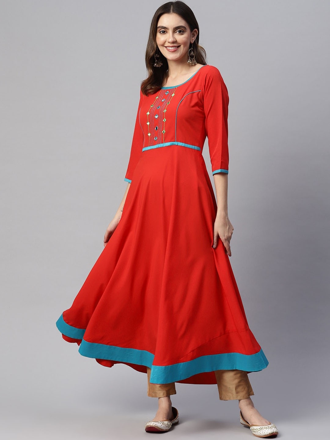 KALINI Mirror Work Embroidered Anarkali Kurta, Red