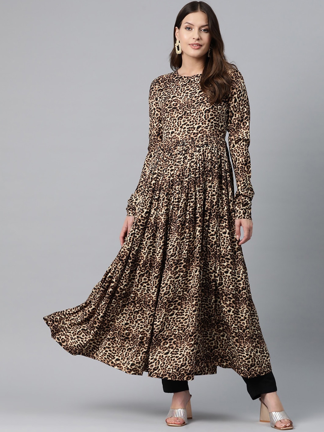 

KALINI Abstract Printed Round Neck A-Line Kurta, Brown