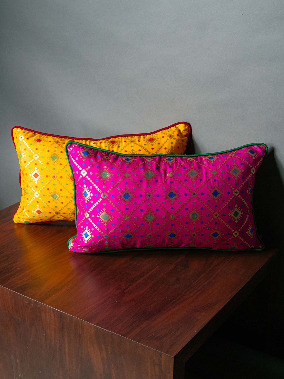 

RoyalDeco Yellow & Pink 2 Pieces Geometric Rectangle Cushion Covers