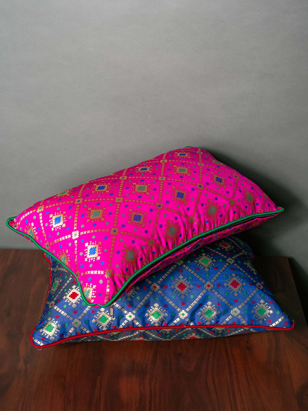 

RoyalDeco Pink & Blue 2 Pieces Ethnic Motifs Brocade Rectangular Cushion Covers