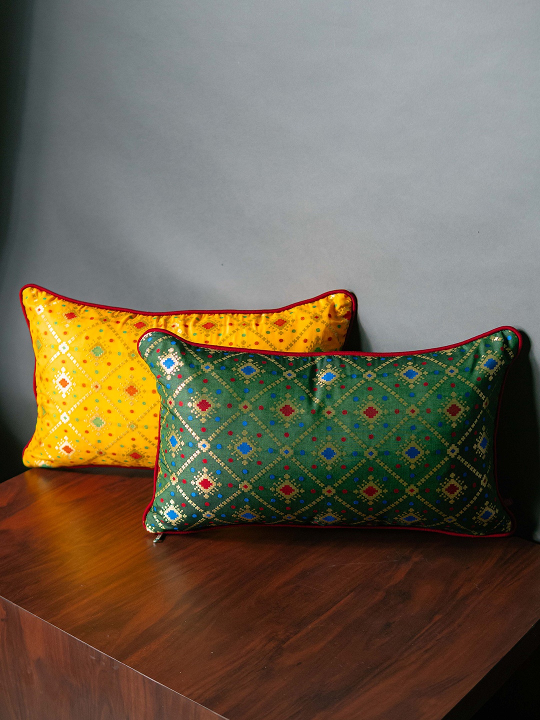 

RoyalDeco Green & Yellow 2 Pieces Geometric Brocade Rectangle Cushion Covers