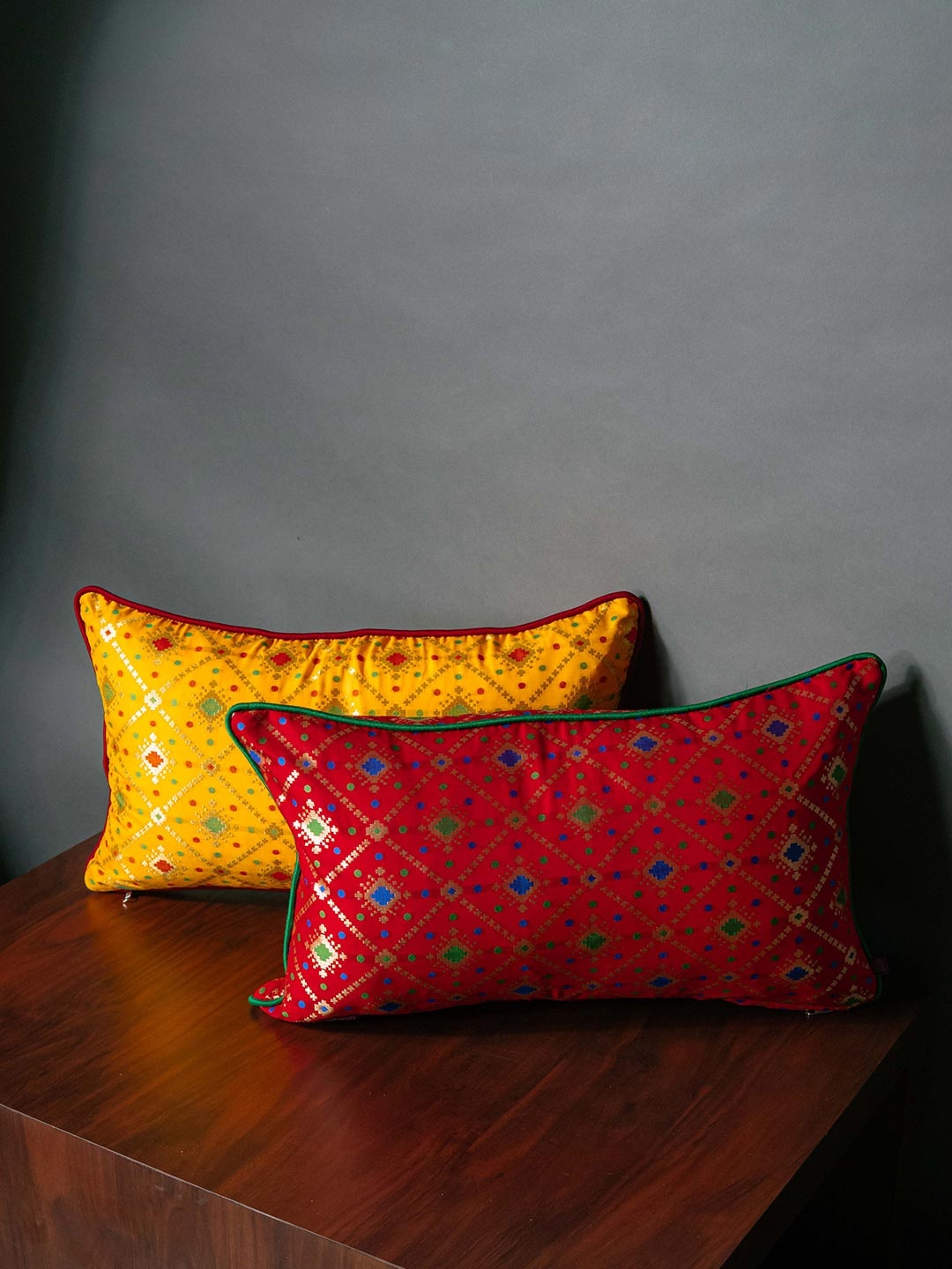 

RoyalDeco Yellow & Red 2 Pieces Geometric Brocade Rectangle Cushion Covers