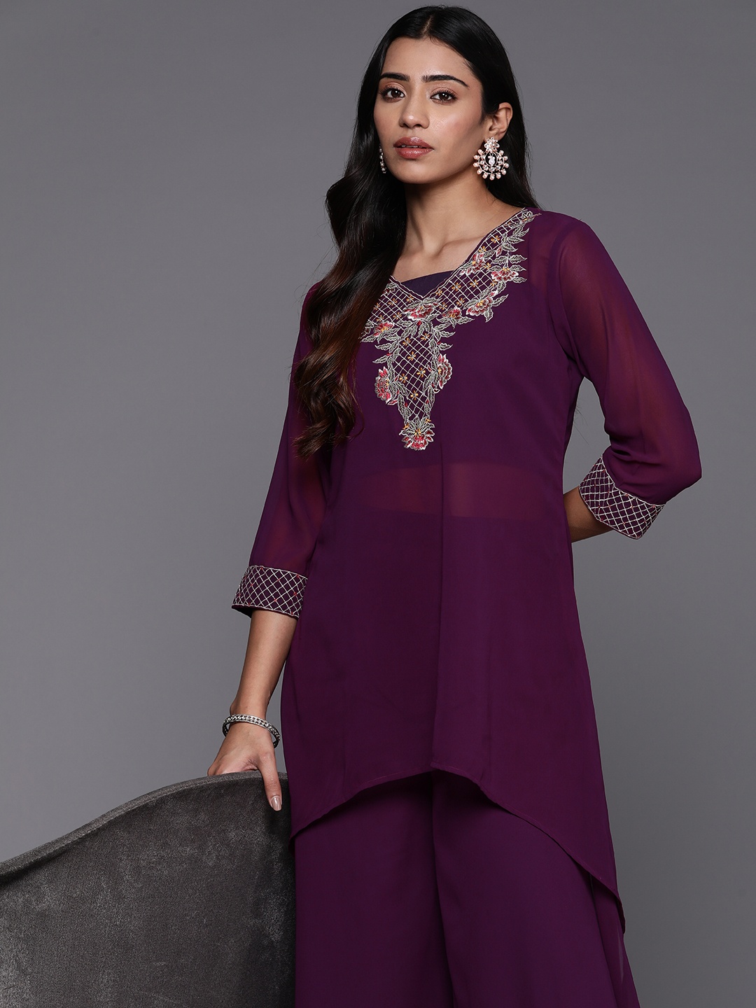 

Varanga Women Floral Yoke Design Regular Silk Georgette Kurta with Sharara & Inner, Purple