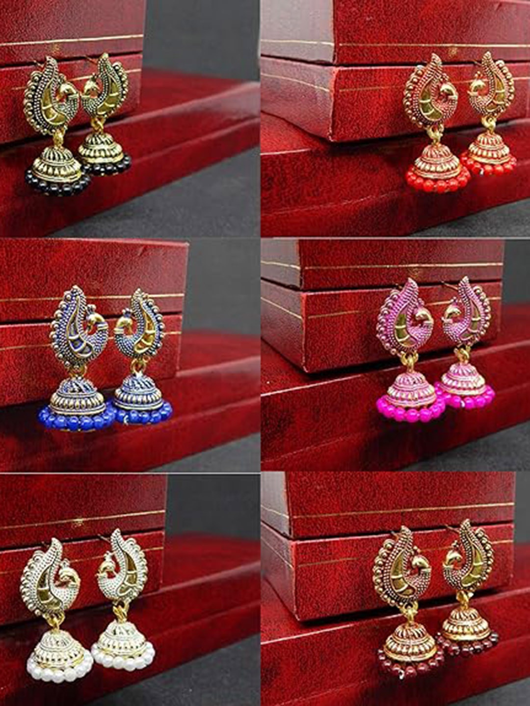 

MEENAZ Set Of 6 Gold-Plated Stainless Steel Peacock Shaped Jhumkas