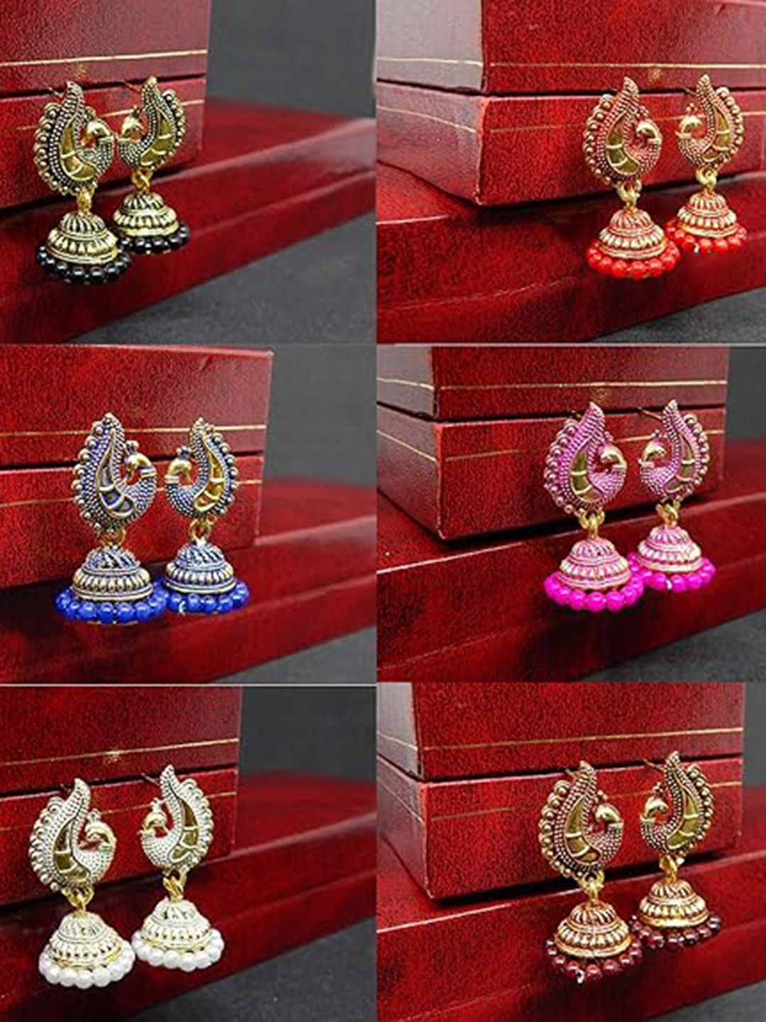 

MEENAZ Set Of 6 Gold-Plated Peacock Shaped Jhumkas, Red