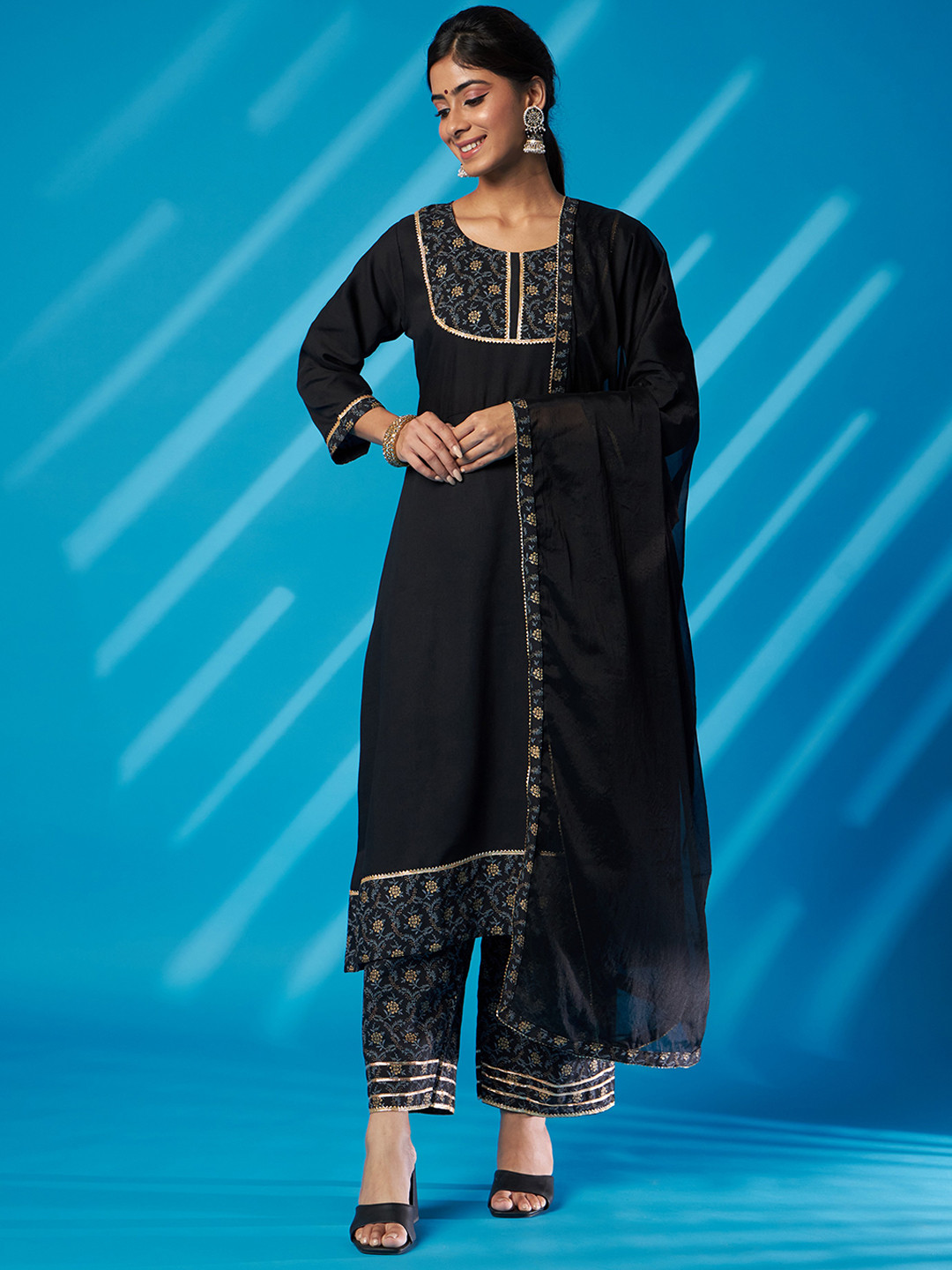 

KALINI Floral Printed Gotta Patti A-Line Kurta With Palazzo & Dupatta, Black