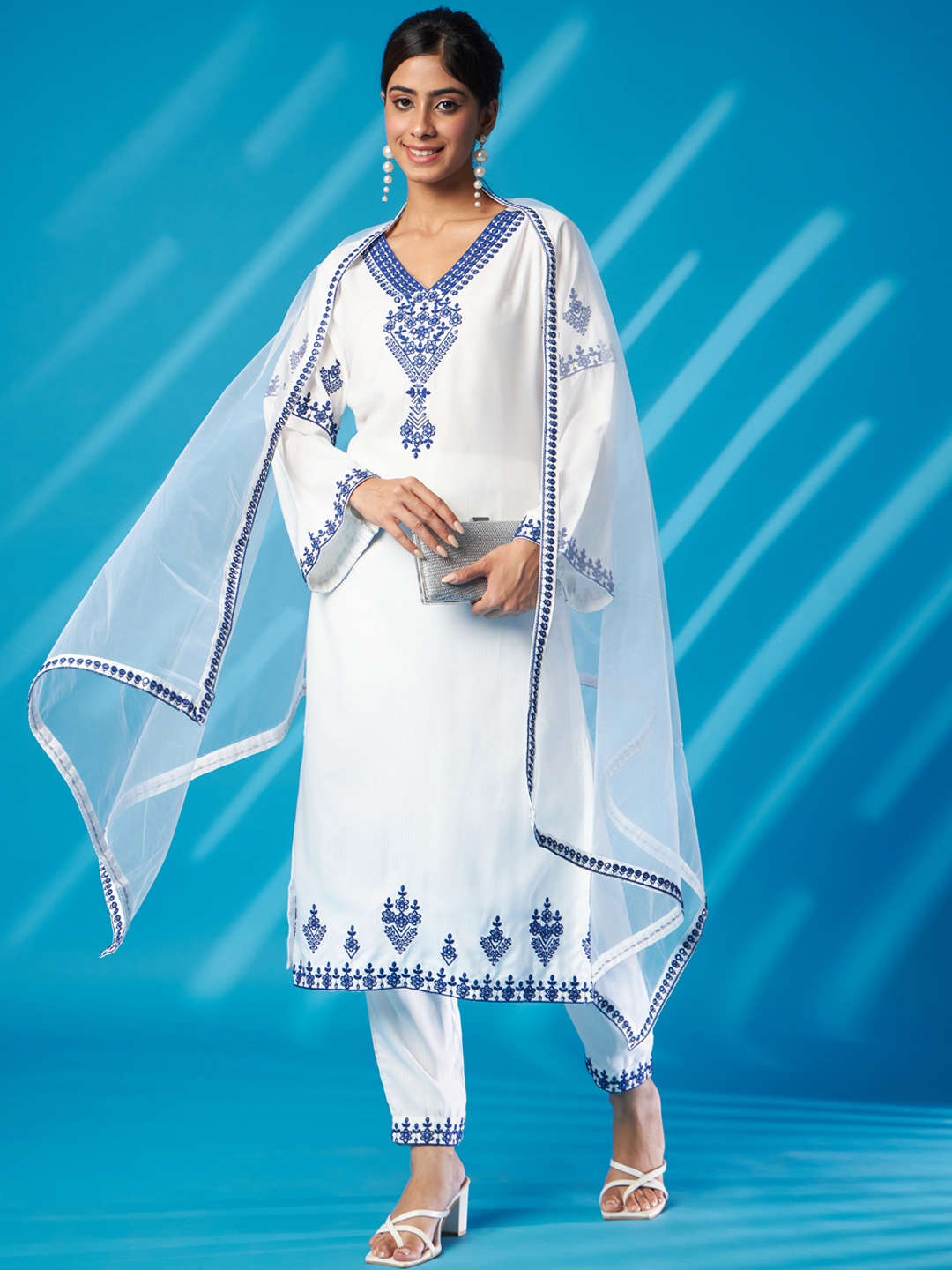 

KALINI Floral Embroidered Mirror Work V-Neck Bell Sleeves Straight Kurta Set, White
