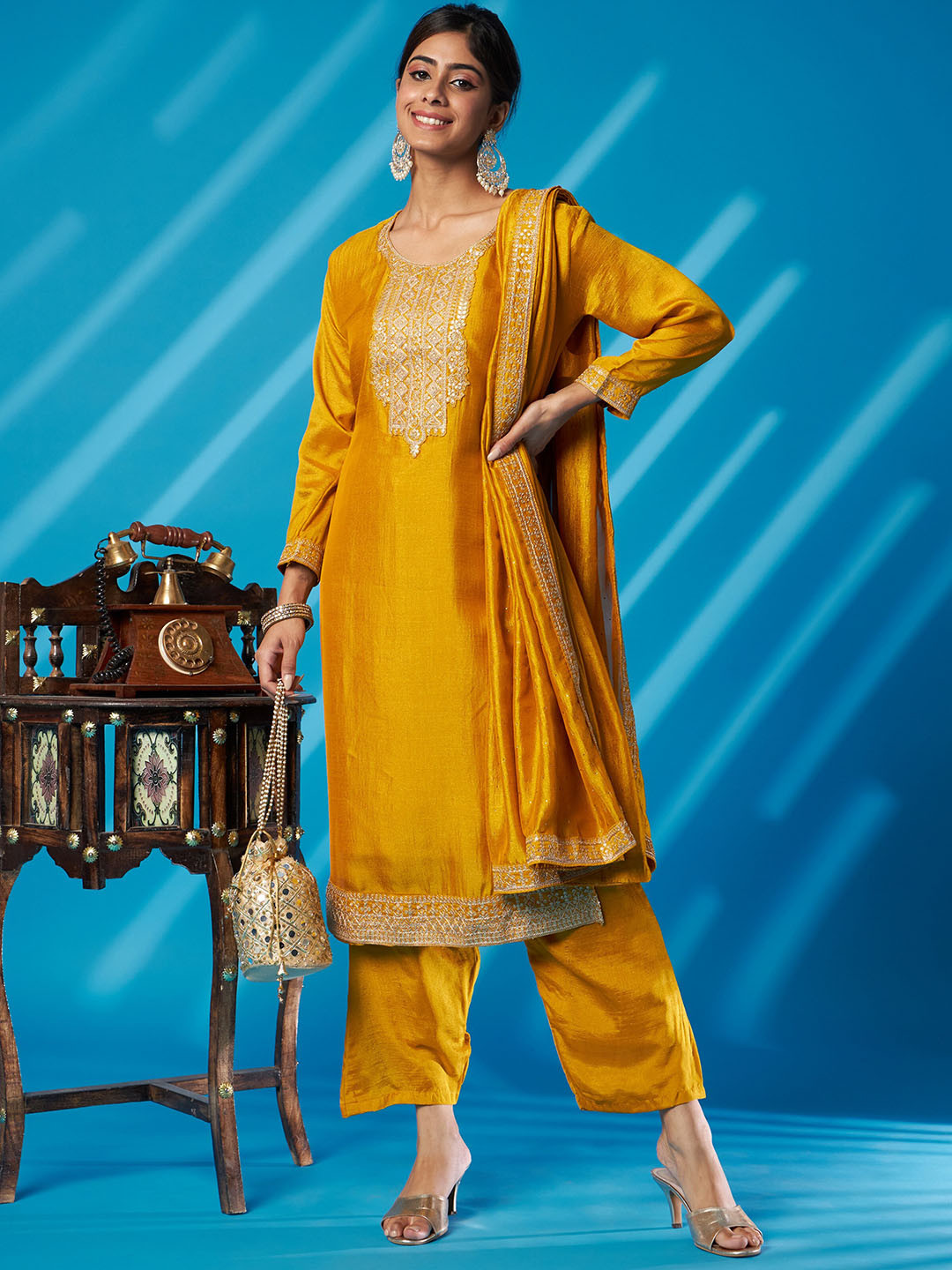 

KALINI Yoke Design Thread Work Kurta With Palazzos & Dupatta, Yellow