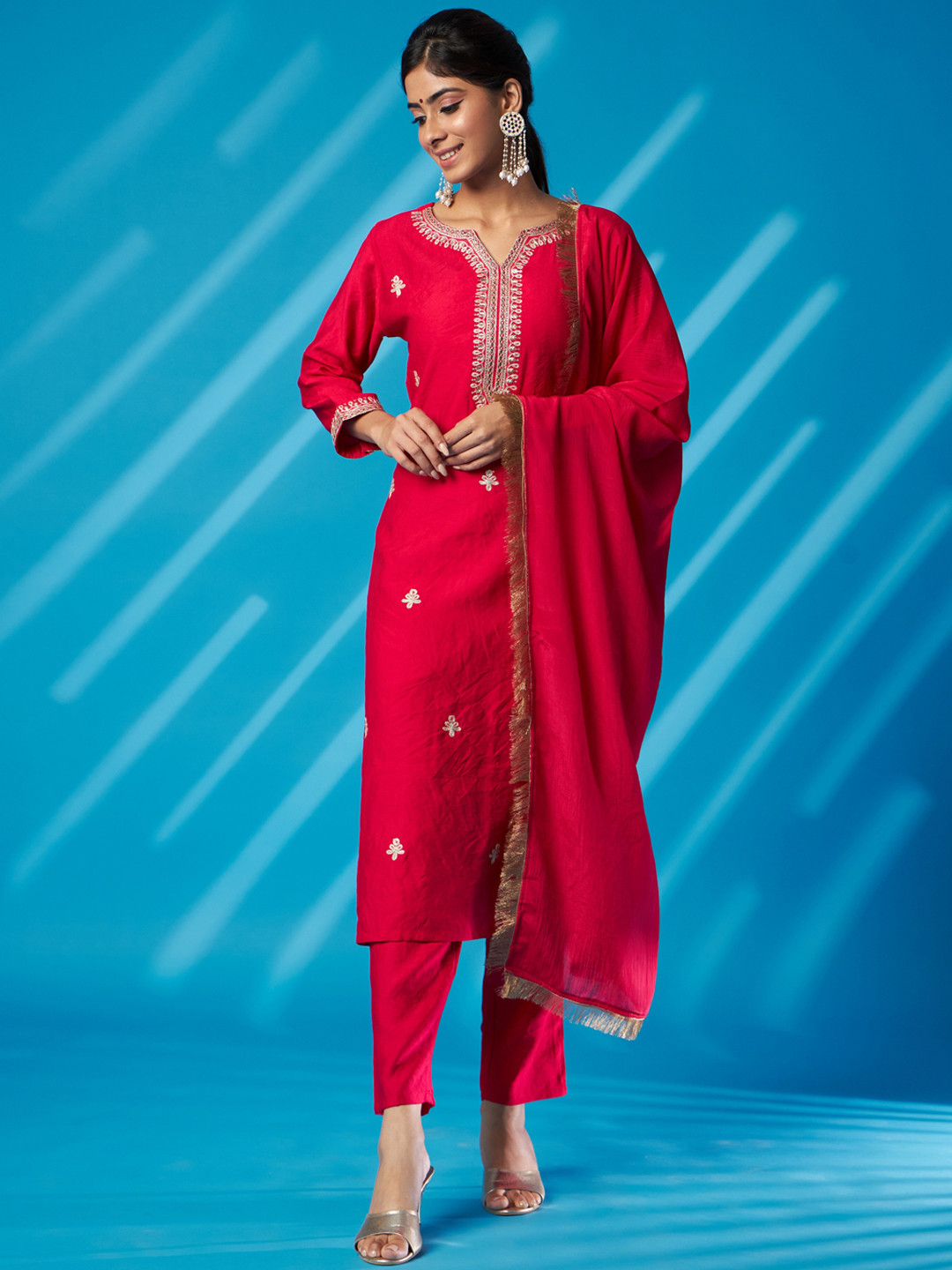 

KALINI Floral Embroidered Regular Kurta with Trousers & Dupatta, Fuchsia