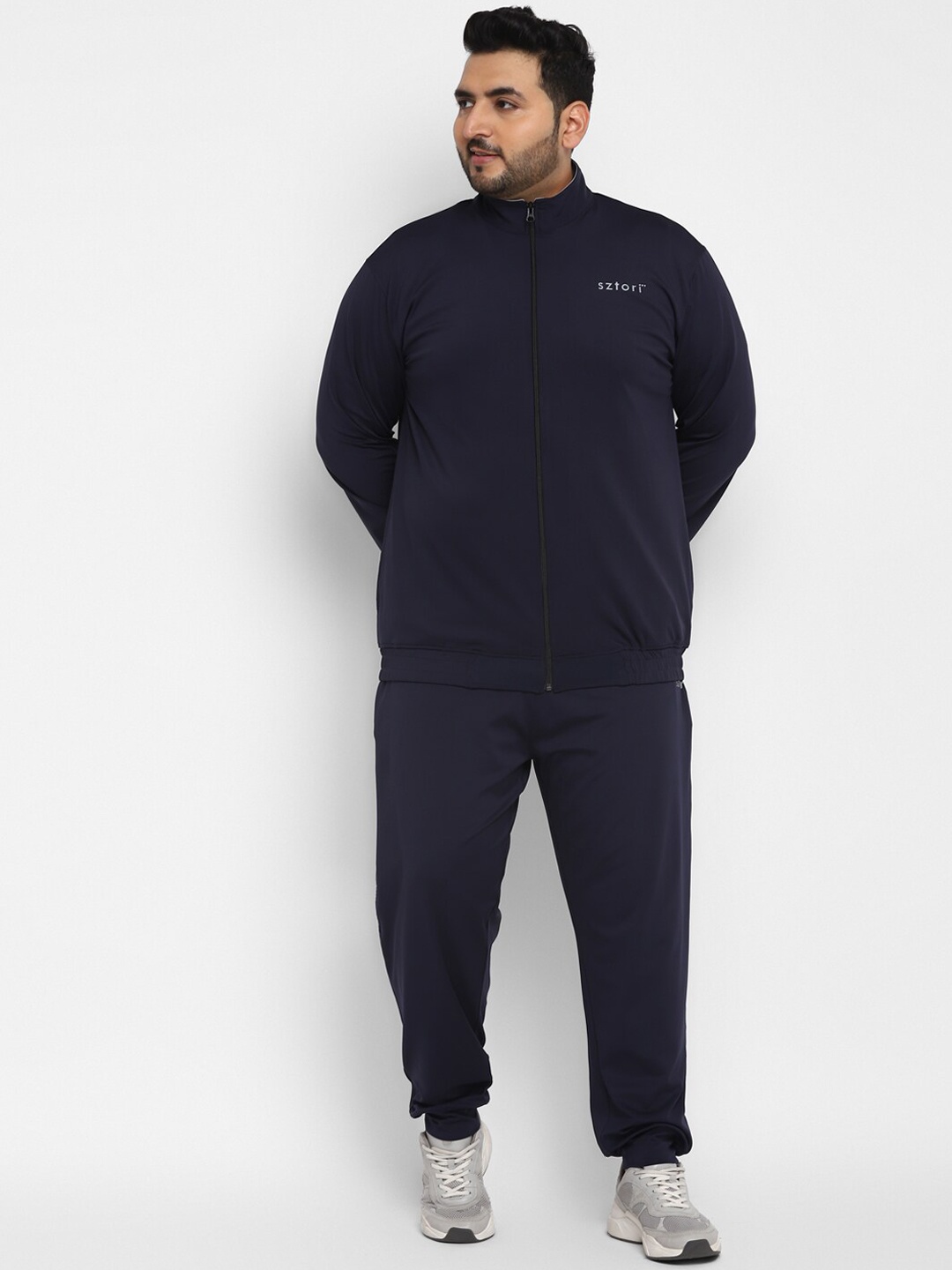 

Sztori Plus Size Active wear Mock Collar Zipper jacket With Track Pant, Navy blue