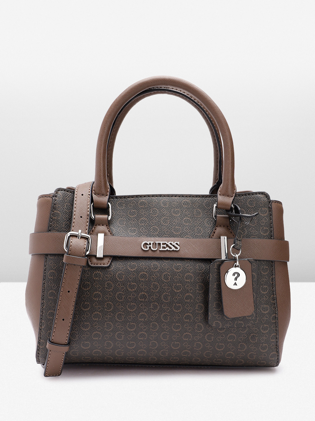 

GUESS Brand Logo Printed Structured Handheld Bag, Brown