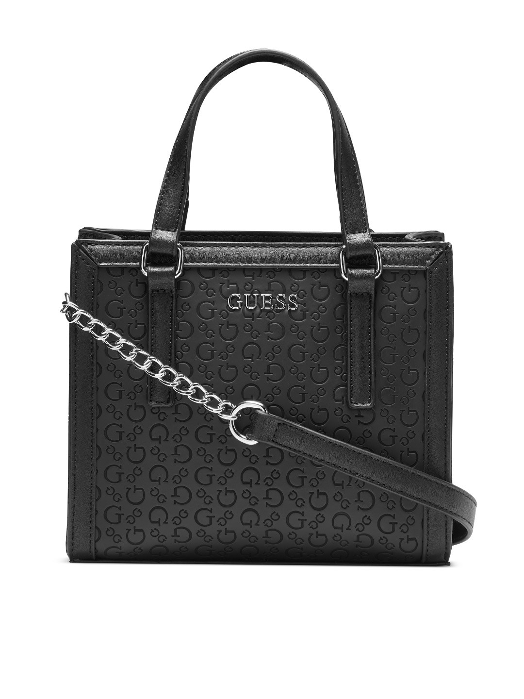 

GUESS Brand Logo Textured Structured Handheld Bag, Black