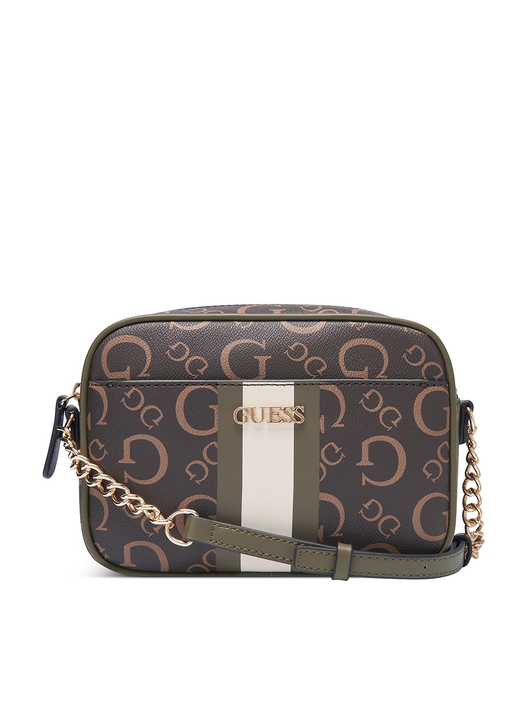 

GUESS Brand Logo Printed Structured Sling Bag, Brown
