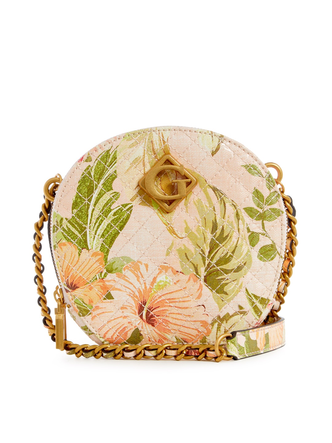 

GUESS Floral Printed Circle Structured Crossbody Sling Bag With Quilting, Peach
