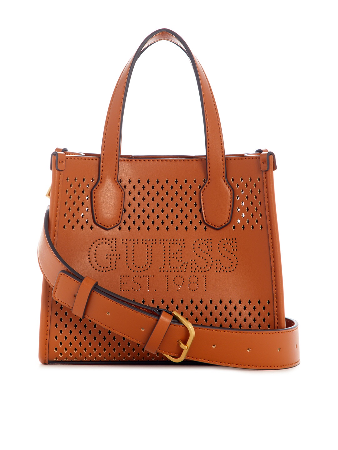 

GUESS Structured Handheld Bag with Cut Work, Brown