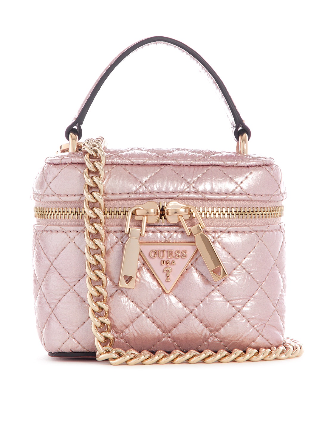 

GUESS Geometric Textured Structured Mini Satchel Bag with Quilted Detail, Pink