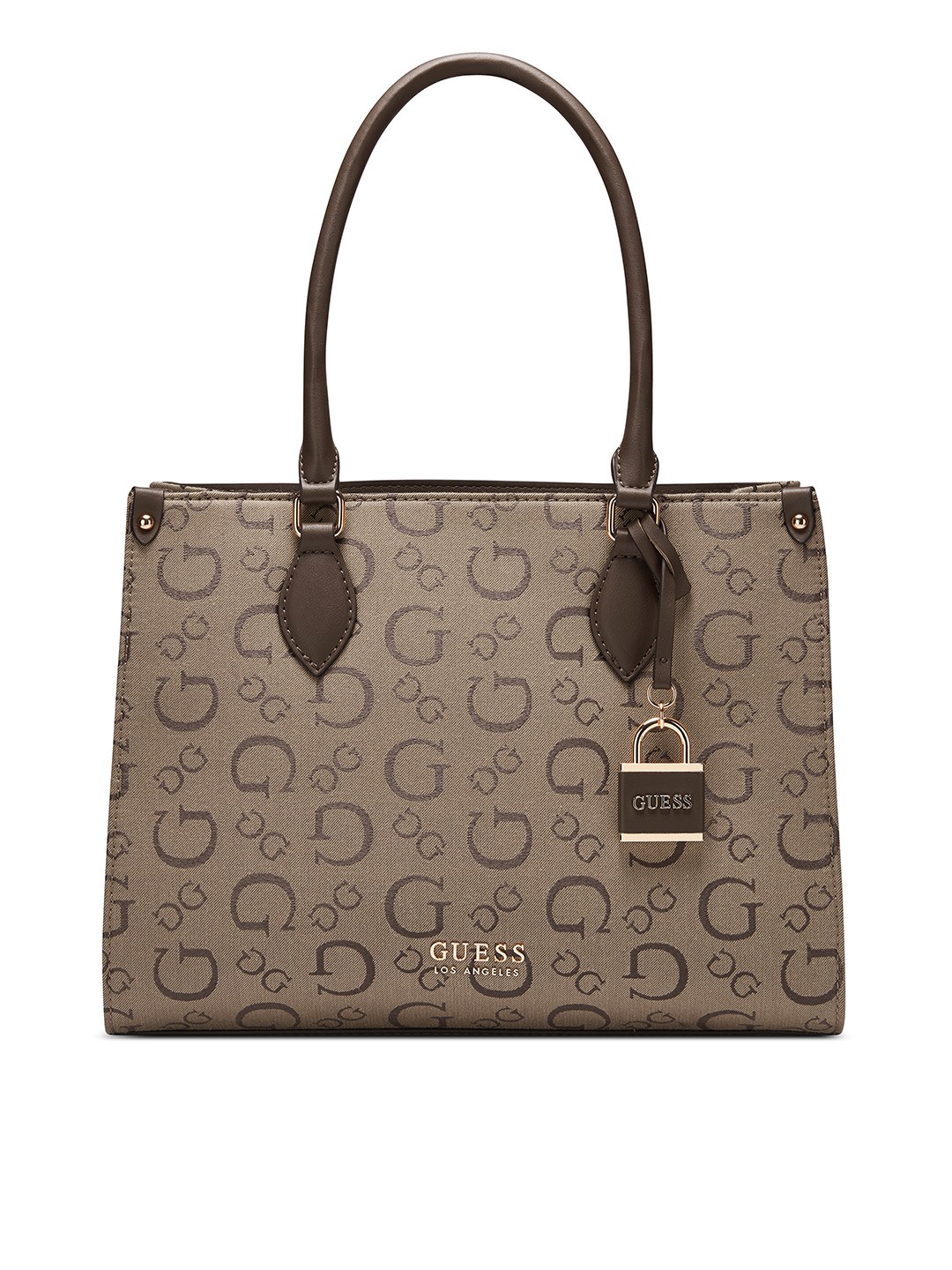 

GUESS Brand Logo Printed Structured Tote Bag, Brown