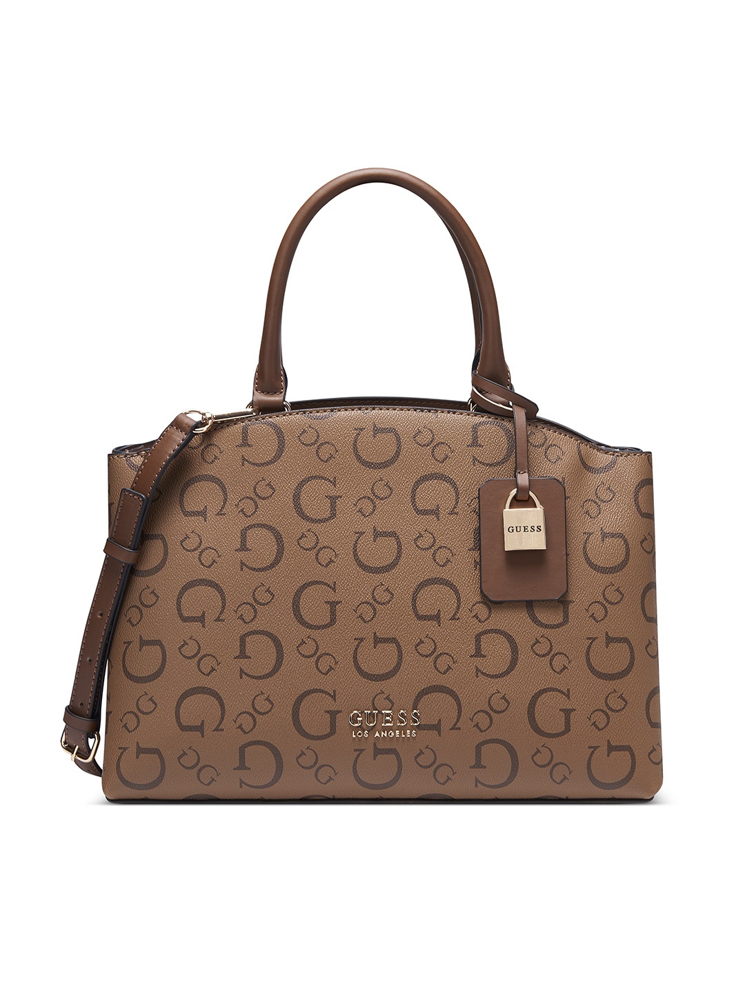 

GUESS Brand Logo Printed Structured Handheld Bag, Brown