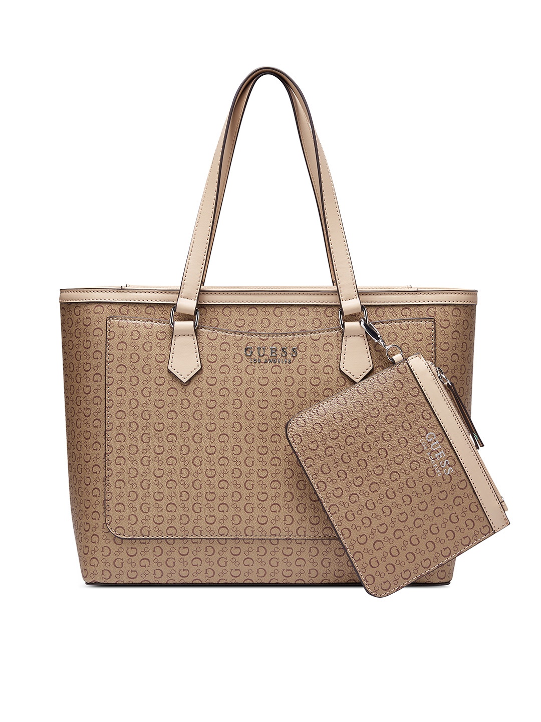 

GUESS Brand Logo Printed Structured Shoulder Bag With A Pouch, Brown